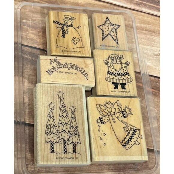 2000 STAMPIN' UP! HOLIDAY HELLO Wood Mounted Rubber Stamp set of 6 ANGEL TREE - Picture 1 of 4